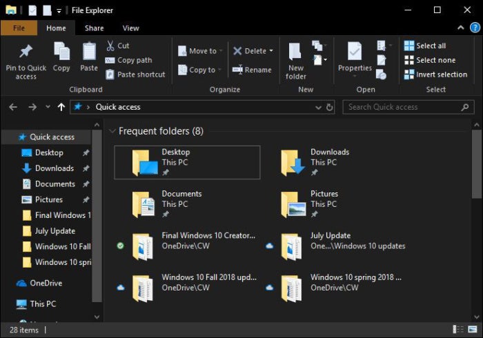 Windows 10 October 2018 Update dark theme File Explorer
