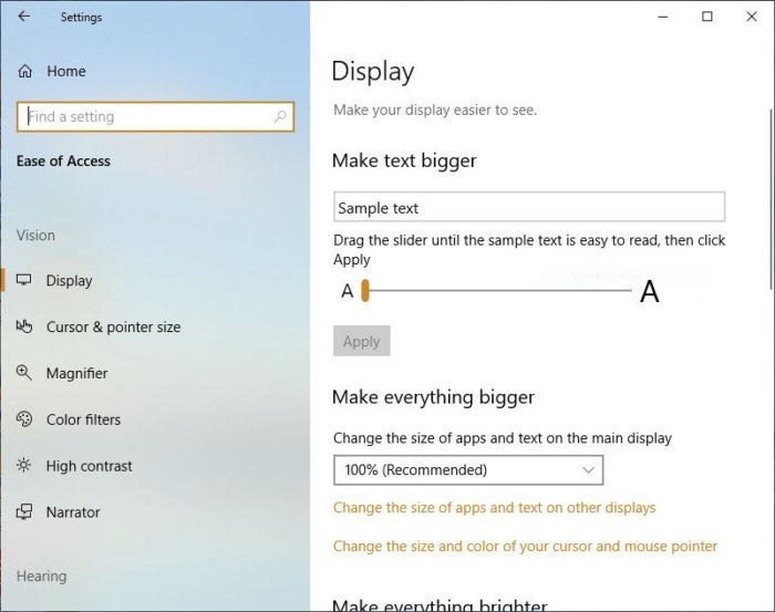 Windows 10 October 2018 Update display make text bigger