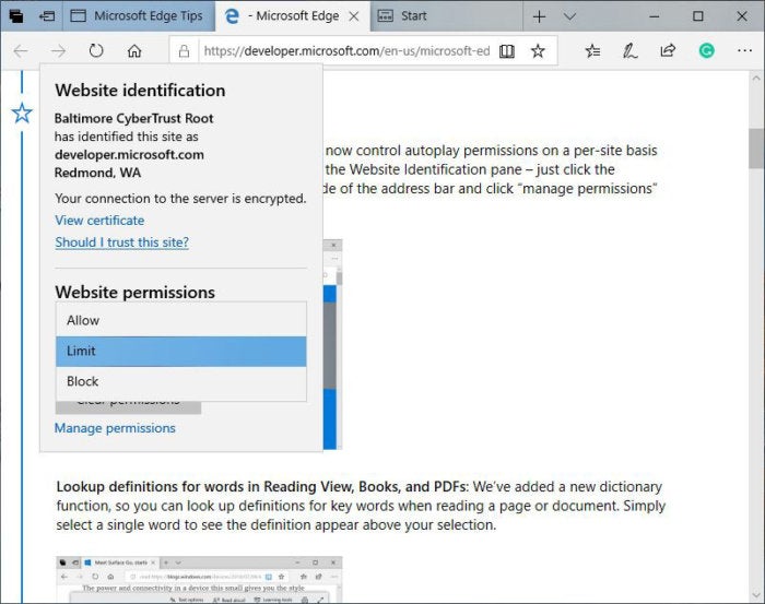 Windows October 10, 2018 Update Microsoft Edge Autoplay Permissions