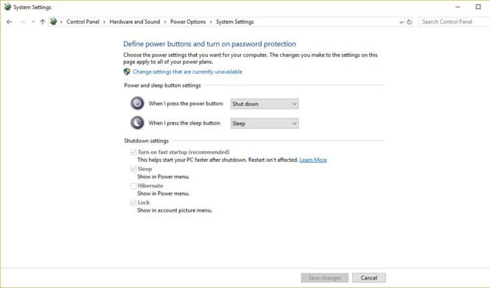 Windows 10 system settings fast startup