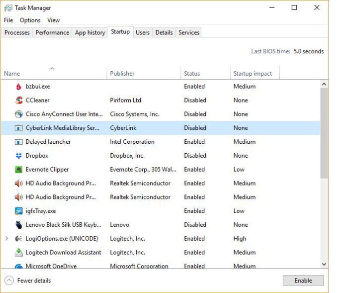 Windows 10 task manager startup tab
