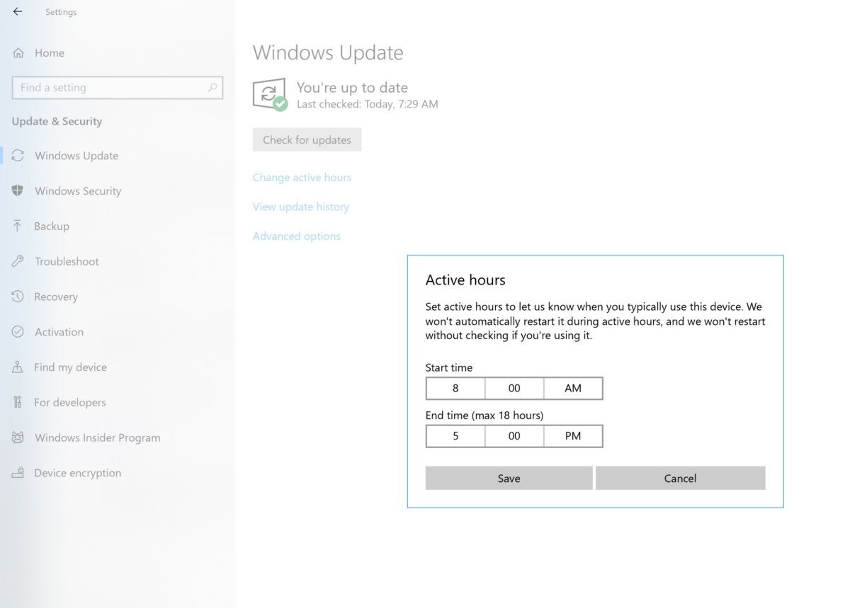 Microsoft Windows 10 active hours