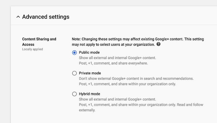 Google + advance settings