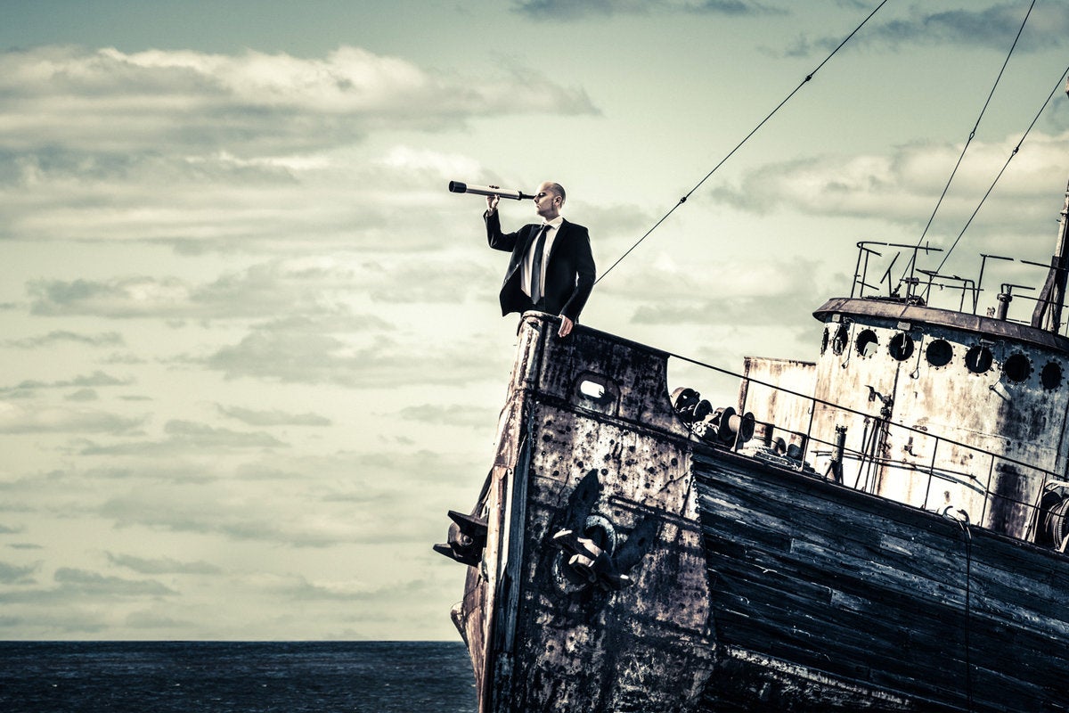 man looking through binoculars forecast horizon sos sinking ship horizon
