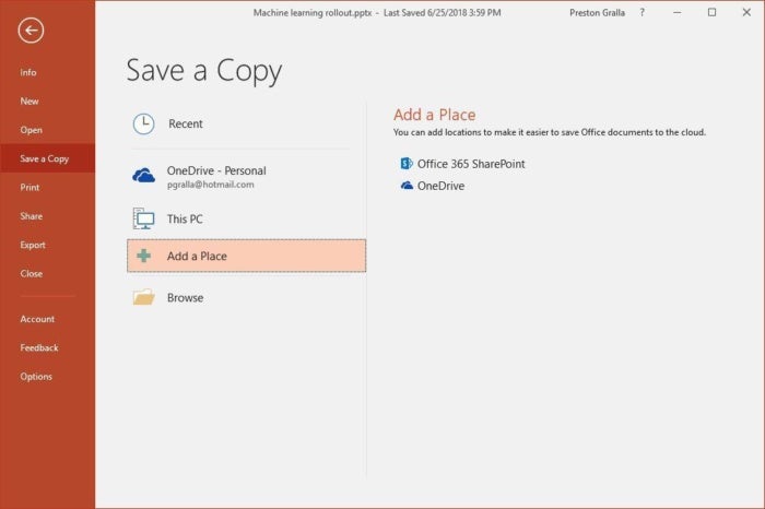 powerpoint 2016 file tab online locations