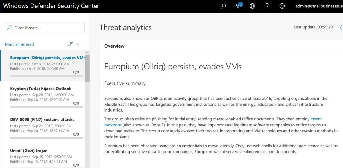 windows 1809 threat analytics dashboard