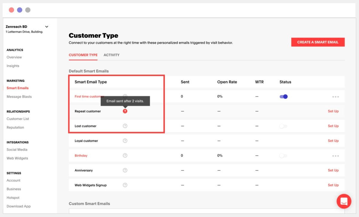 zenreach smart emails customer type