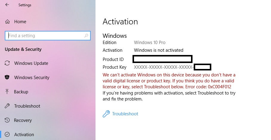 activation problem windows 10 pro on home key