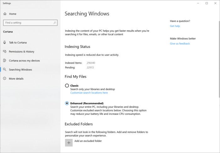 Microsoft Windows 10 19H1 enhanced mode for search indexer