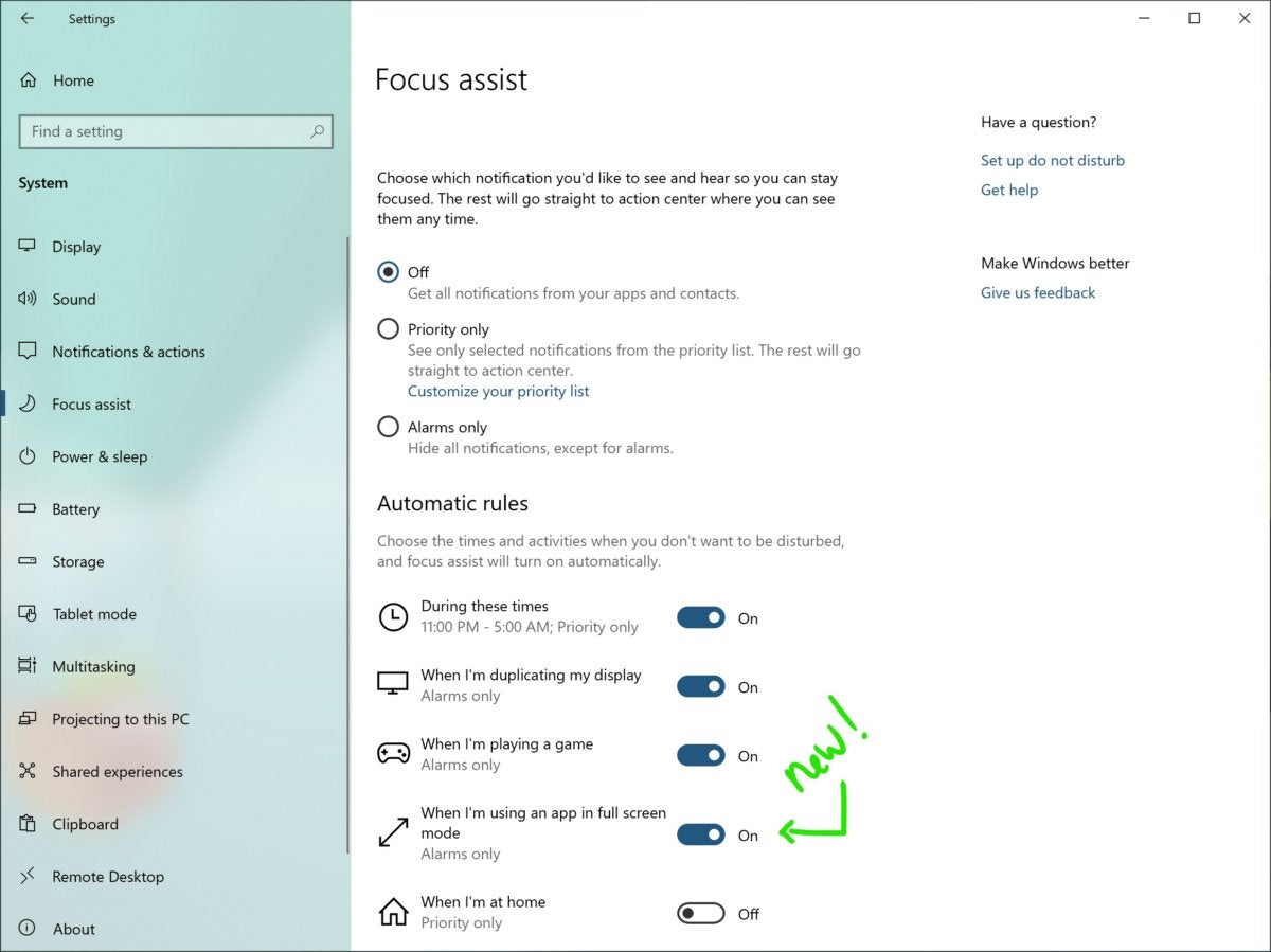 Windows 10 19H1 focus assist