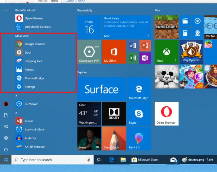 Windows 10 personalization start frequently used apps