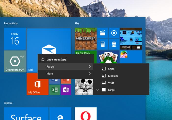 Personnalisation de Windows 10 commencer à redimensionner les tuiles