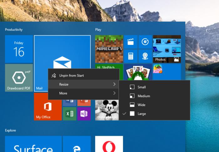 Windows 10 personalization start resize tiles