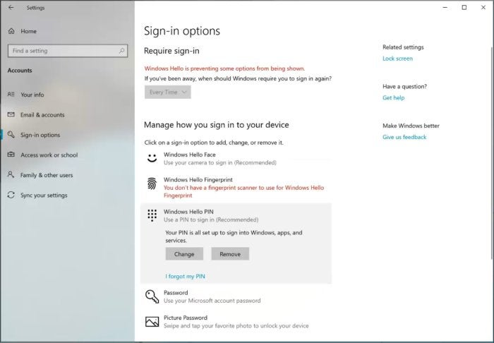 Microsoft Windows 10 19H1 windows hello settings