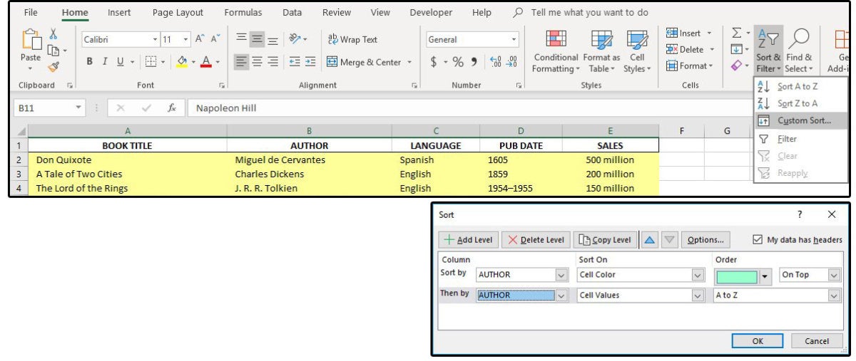 02 sort spreadsheet range by color first then by author