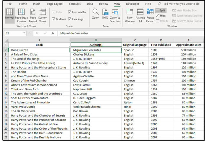 02 the window splits at the top left or in the middle of the spreadsheet