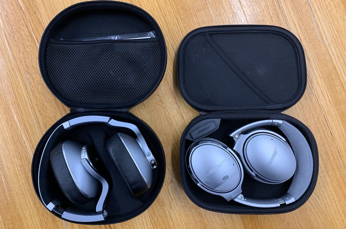 The AKG N700NC (left) fold into their molded case but take up a slightly larger footprint than the B