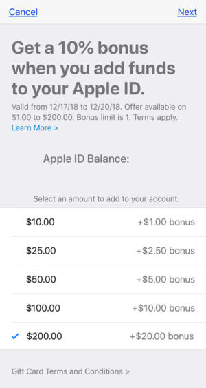 ios12 apple id funds bonus