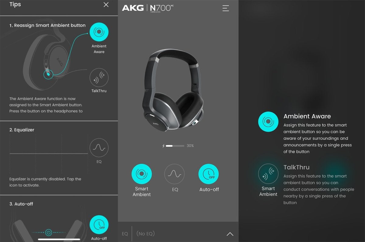 The AKG mobile app lets you control some of the headphone’s key features.