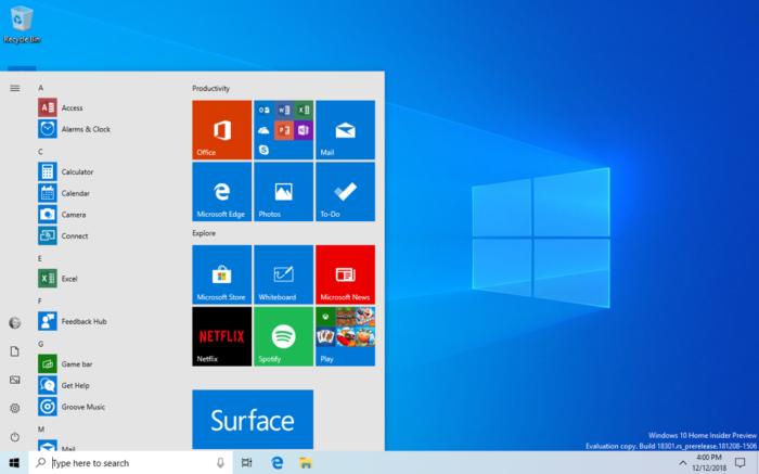 Microsoft Windows 10 insider Build 18305 new start