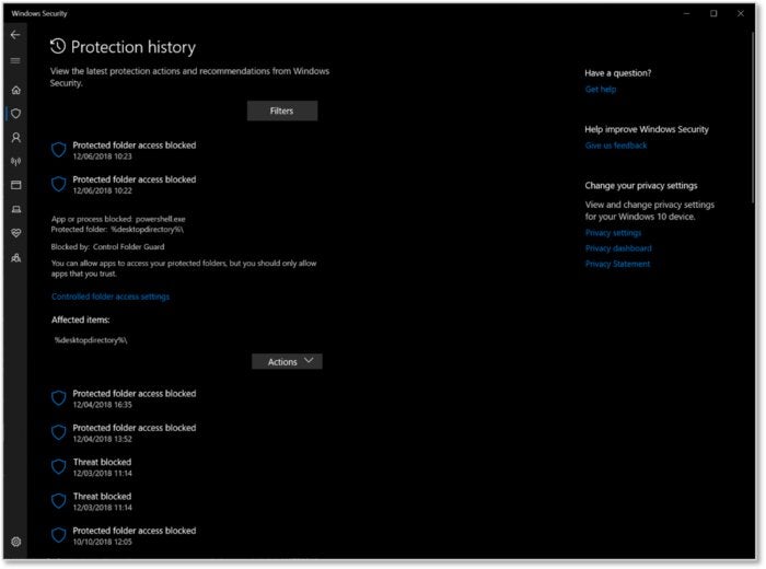 Microsoft Windows 10 insider Build 18305 protection history
