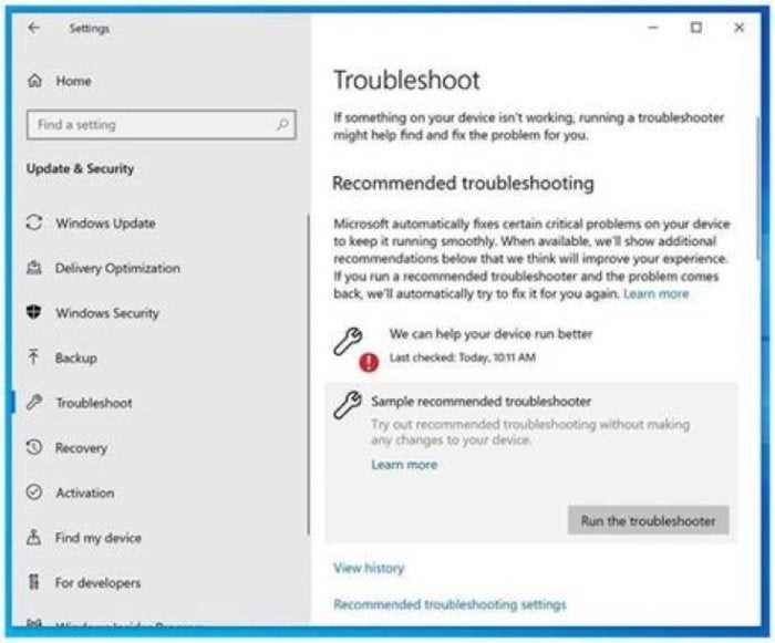 Microsoft Windows 10 insider Build 18305 suggested troubleshooter 2