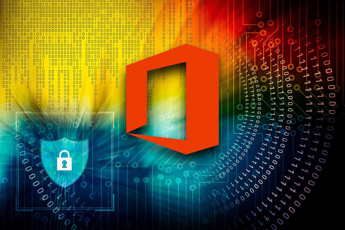 Microsoft Office logo within an environment of abstract binary code with shield and lock.