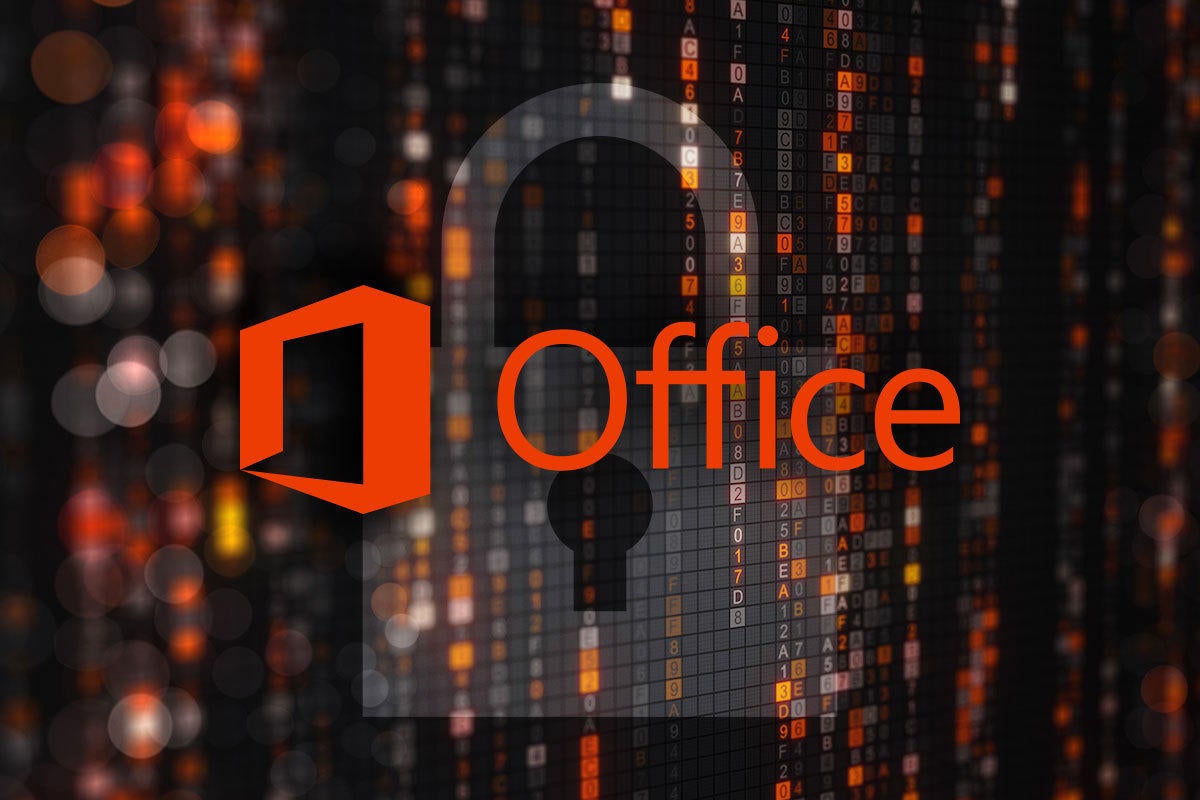 Microsoft Office logo in an environment of abstract encrypted code and a padlock overlay.