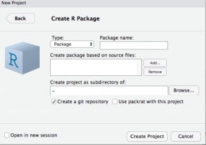 Dialog for creating a new package in RStudio