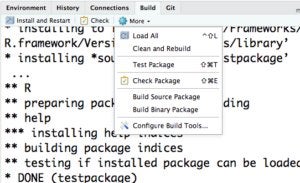 RStudio's package build tab