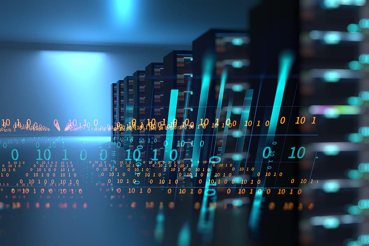 big data / data center / server racks / storage / binary code / analytics