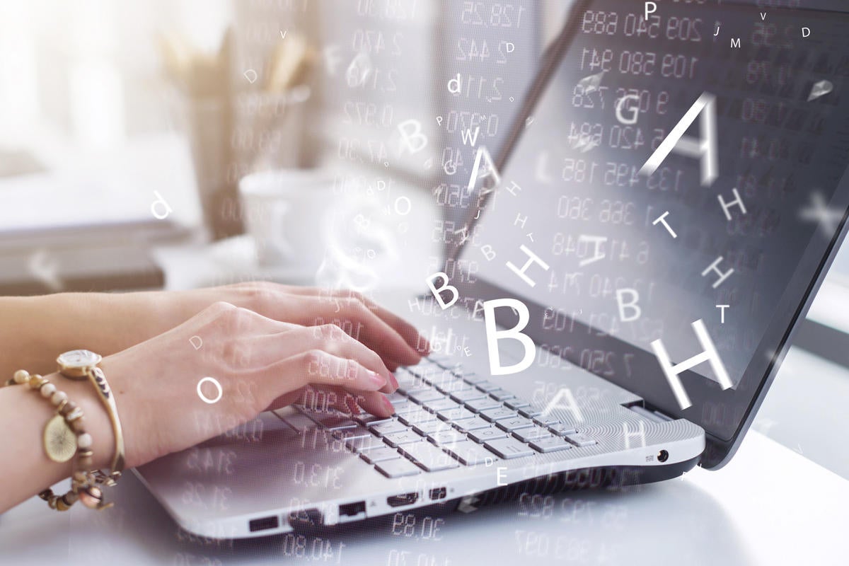 blog computer with flying letters alphabet story laptop developer keyboard by undrey getty