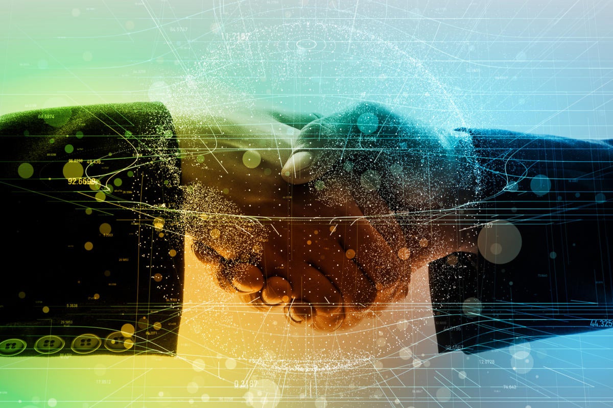 Handshake amid abstract connections and data.