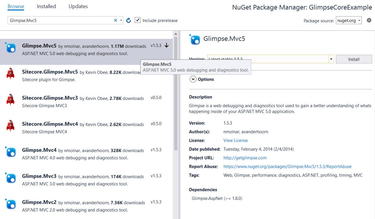 asp.net core glimpse nuget