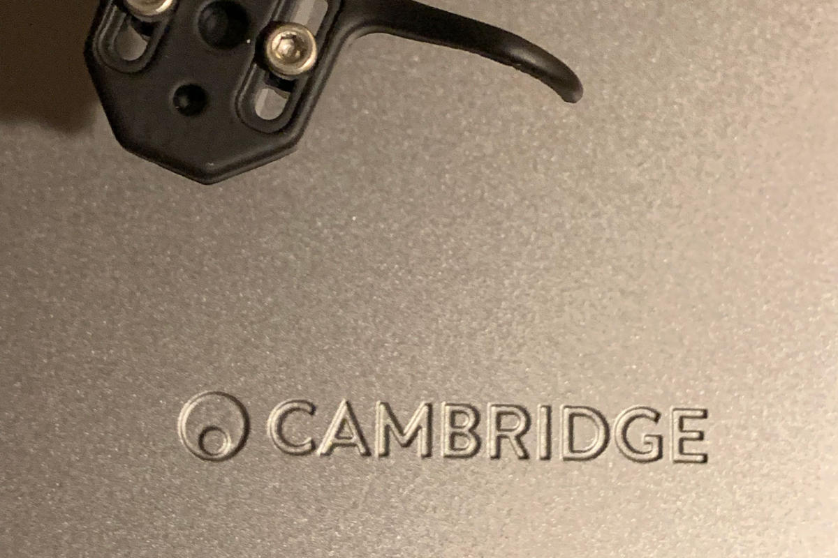 The Cambridge Audio logo and logotype are etched on the turntable’s base.