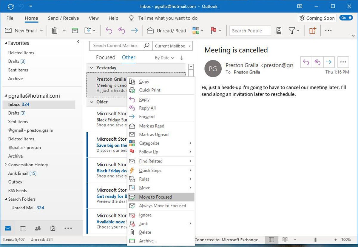 outlook focused inbox disappeared
