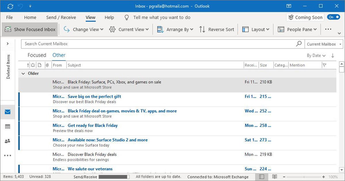 outlook mail simplified view