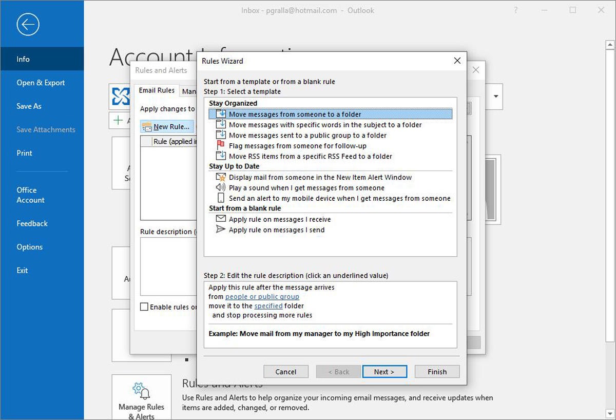 outlook rules wizard