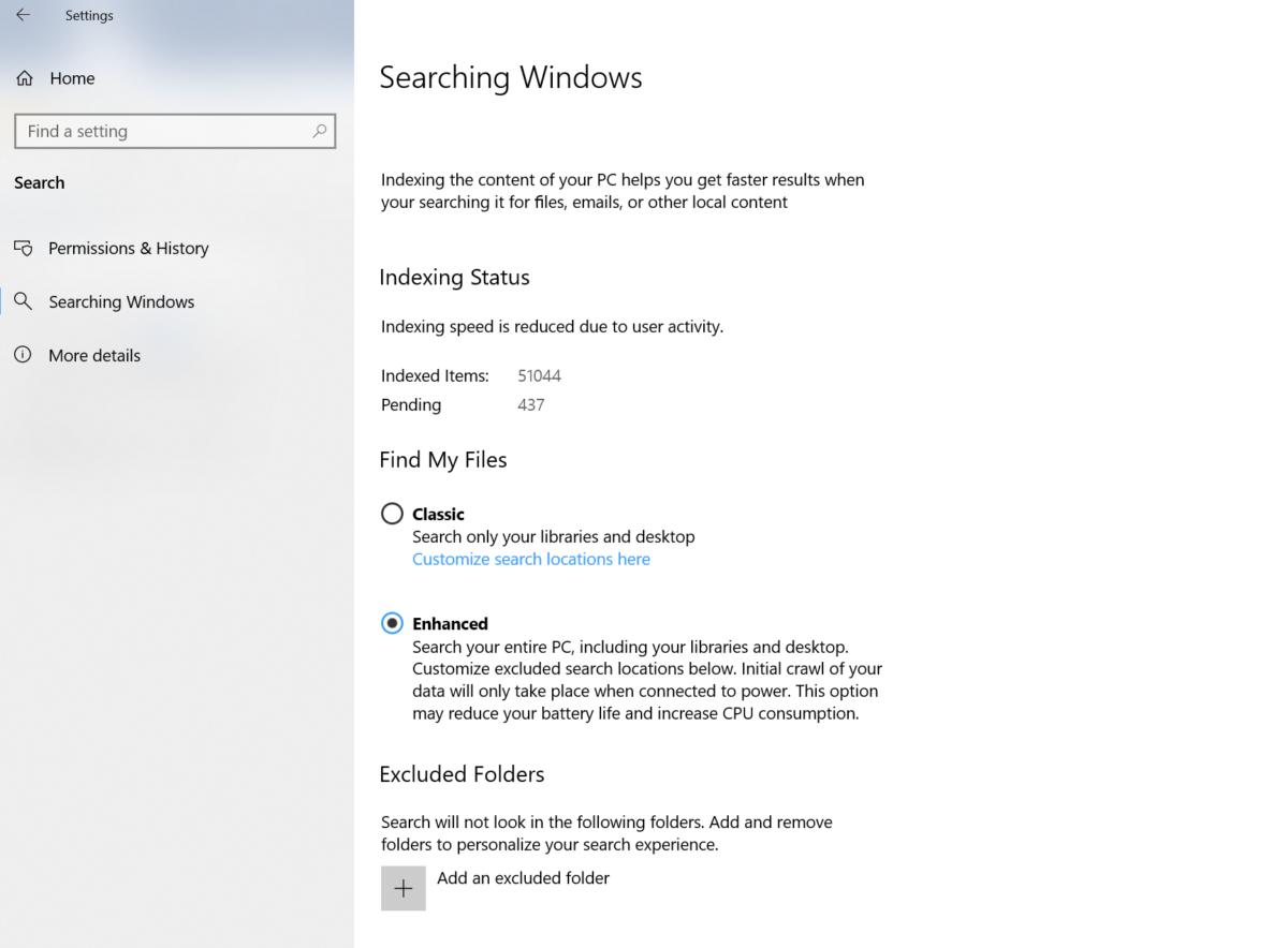 Windows 10 April 2019 Update search indexer setting