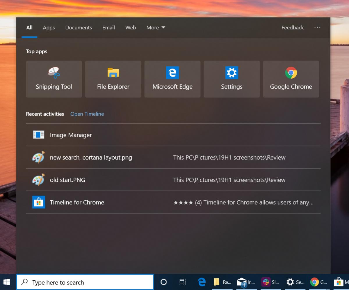 Windows 10 April 2019 Update 19H1 Windows search first open