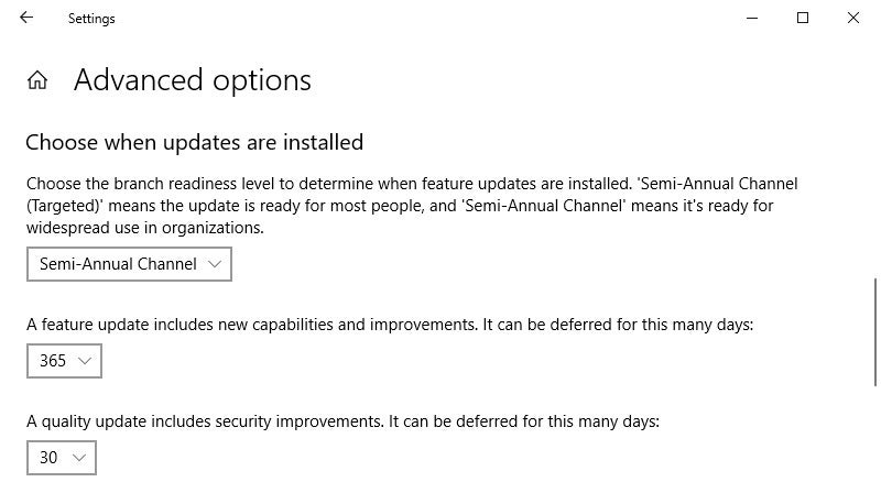 win10 1809 windows update advanced options