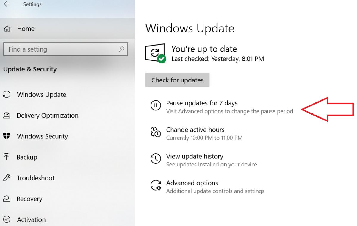 Microsoft Windows 10 April 2019 Update windows update settings pause menu