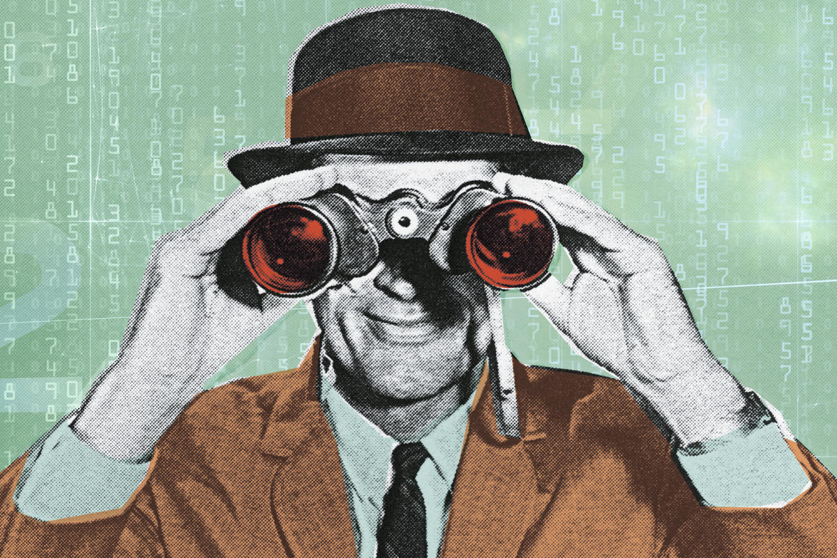 predictive analytics numbers retro man with binoculars future horizon spying looking