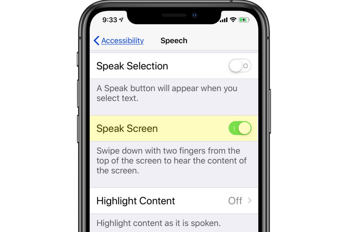 speak screen ios setting on