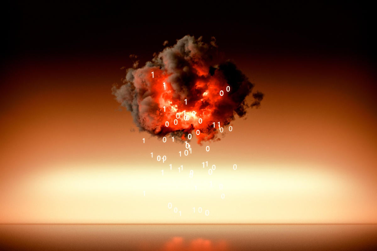 Blazing, fiery cloud raining binary code.