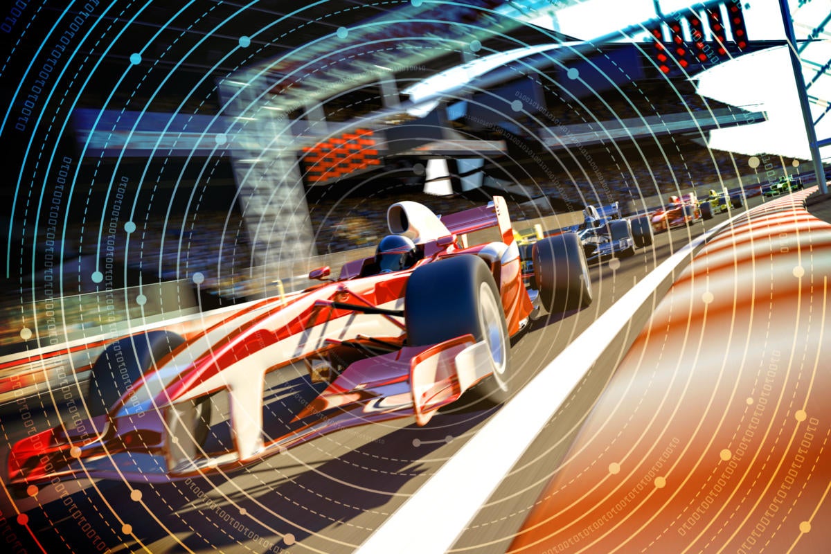 CSO > Formula One- / Formula 1- / F1-style modeled wireframe race cars with abstract circuit overlay