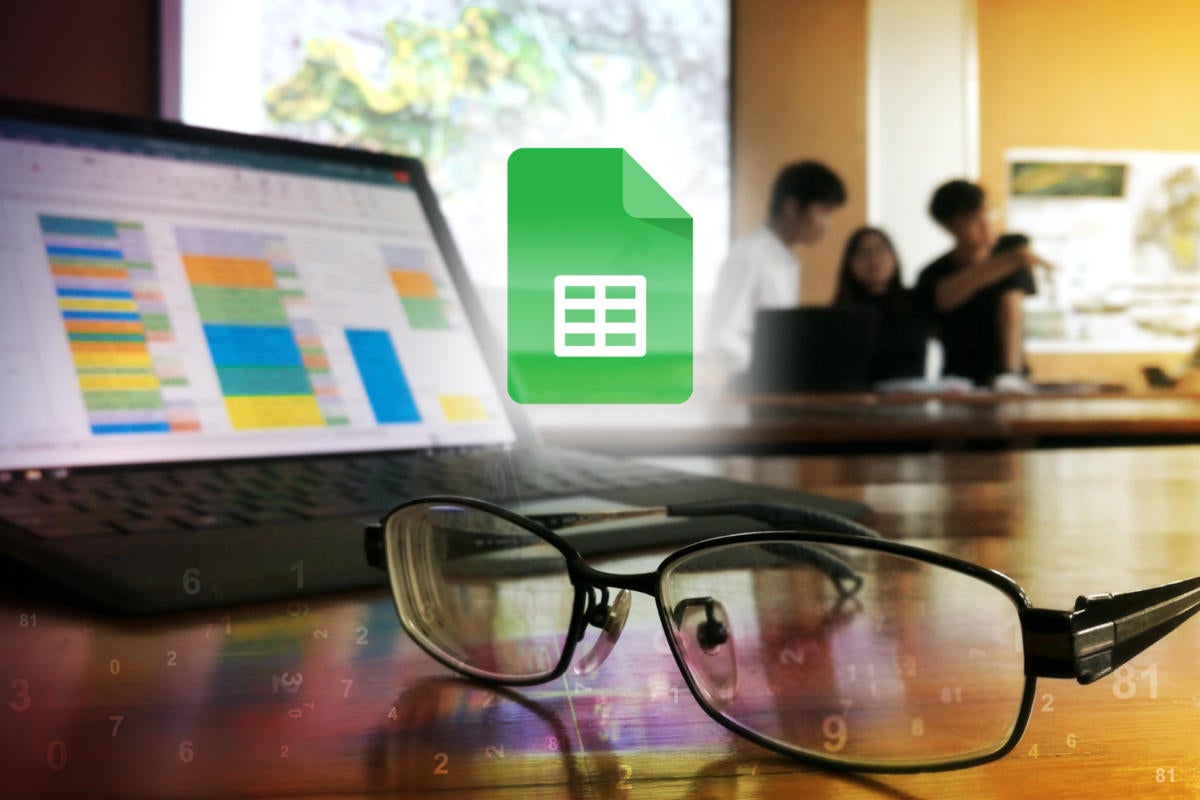Google Sheets logo / Spreadsheet displayed on a laptop screen while a team works in the background.