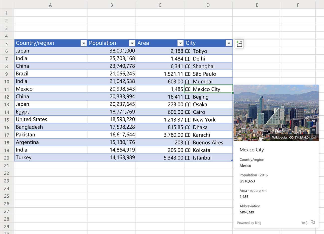 excel dataviz linked geography cells