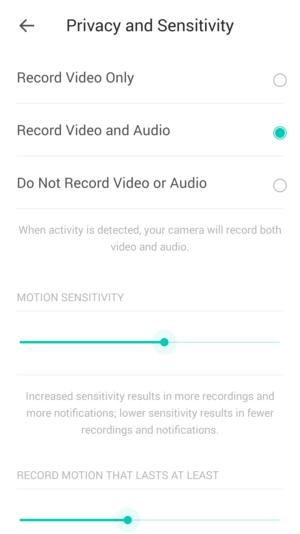kasa app sensitivity