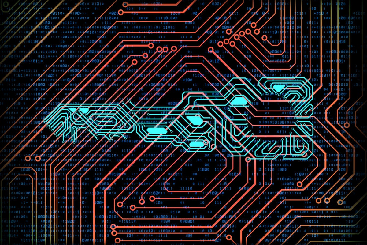 Conceptual image of a digital circuit-board key amid binary code.